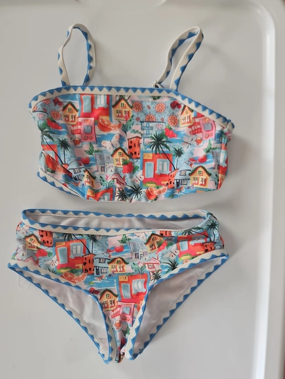 Colorful Coastal Print Bikini Set - Blue Trim